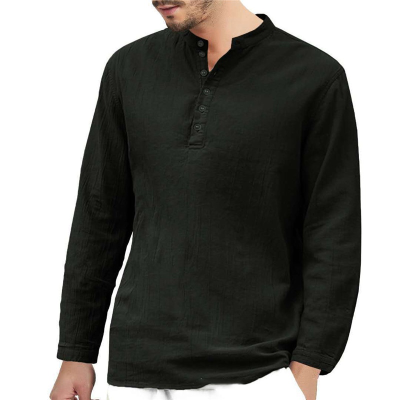 Men's Linen T-shirt Long Sleeve Casual Grandad Shirts Loose Blouse Tops Formal - 图片 7