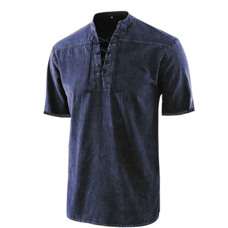 Mens V Neck Short Sleeve Plain Muscle Shirts Tops Casual Lace up T Shirt Blouse - Image 7