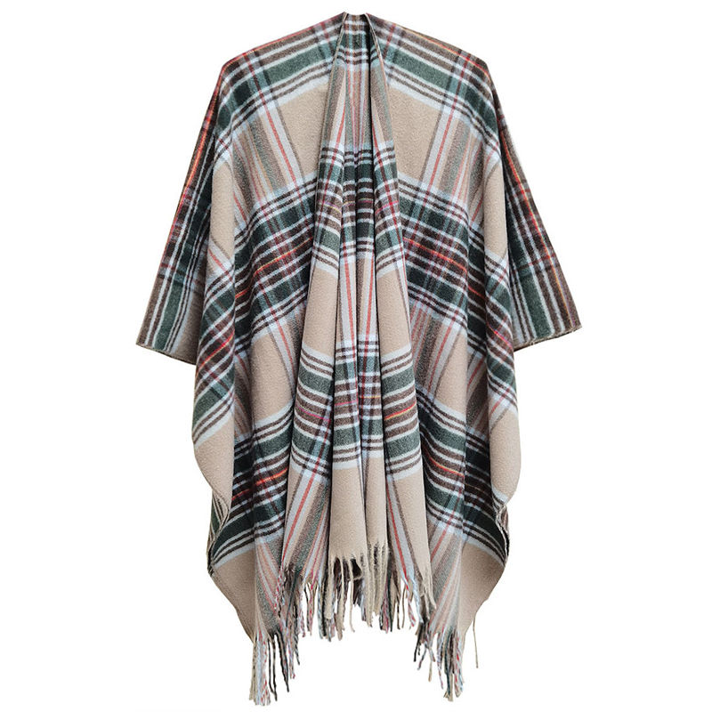 Autumn and Winter Women's Split Cloak Thickened Plaid Bristle Tassel Shawl - Image 14
