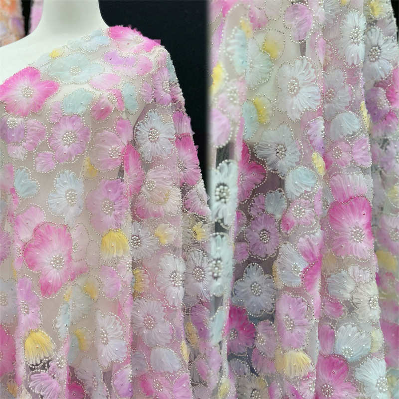 3D Flower Heavy Industry Embroidery Pearl Fabric DIY Lace Bead Mesh Fabric - 图片 9