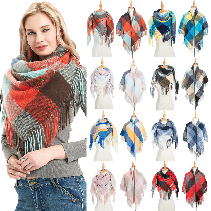 Polyester Thorn Long Tassel Plaid Square Scarf Shawl Keep Warm Fashion Women