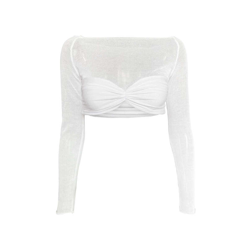 Women's Clothes Off Neck See Through Short Top Long Sleeve Sexy Top Fashion - 图片 8