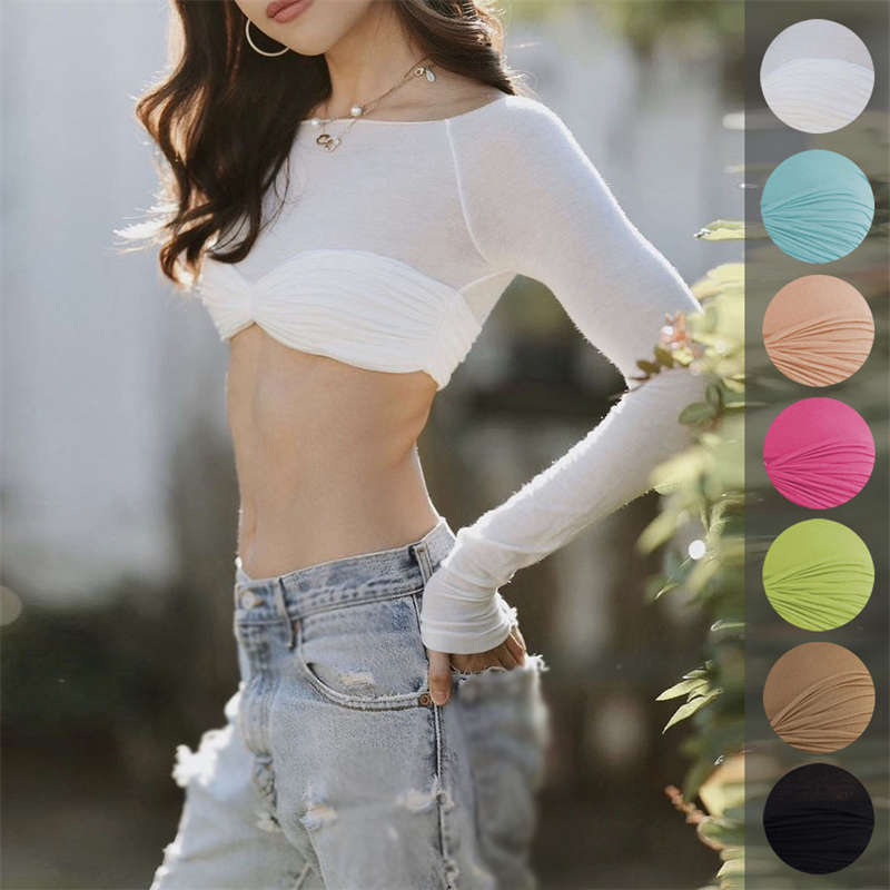 Women's Clothes Off Neck See Through Short Top Long Sleeve Sexy Top Fashion