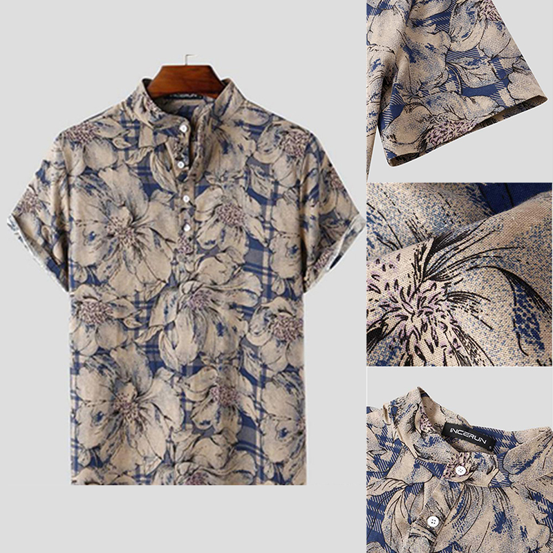 Mens Short Sleeve 100%Cotton Floral Blouse Casual Beach Vacation Tee T Shirt Top - Image 10