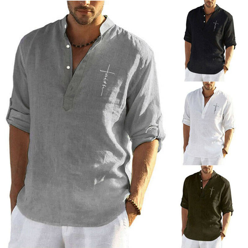 Mens Short Sleeve Linen Shirts Summer Solid Loose Casual Dress Shirt Blouse Tops - 图片 11