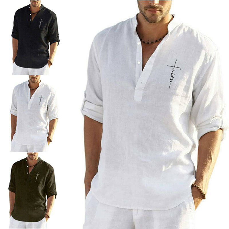 Mens Short Sleeve Linen Shirts Summer Solid Loose Casual Dress Shirt Blouse Tops - 图片 12
