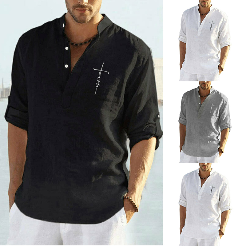 Mens Short Sleeve Linen Shirts Summer Solid Loose Casual Dress Shirt Blouse Tops - 图片 15