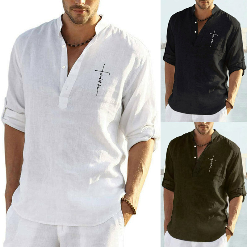 Mens Short Sleeve Linen Shirts Summer Solid Loose Casual Dress Shirt Blouse Tops - 图片 14