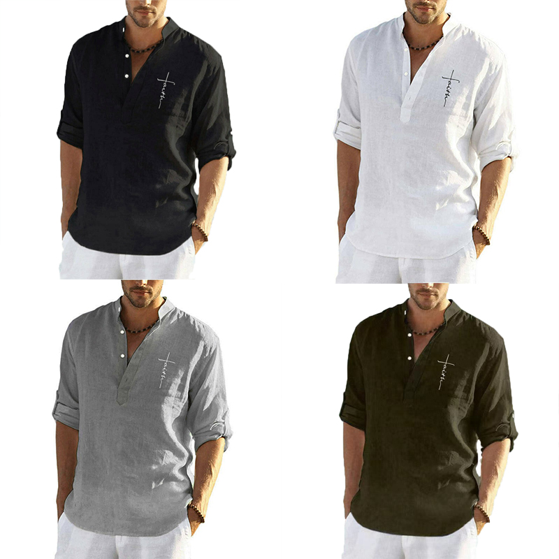 Mens Short Sleeve Linen Shirts Summer Solid Loose Casual Dress Shirt Blouse Tops - 图片 10