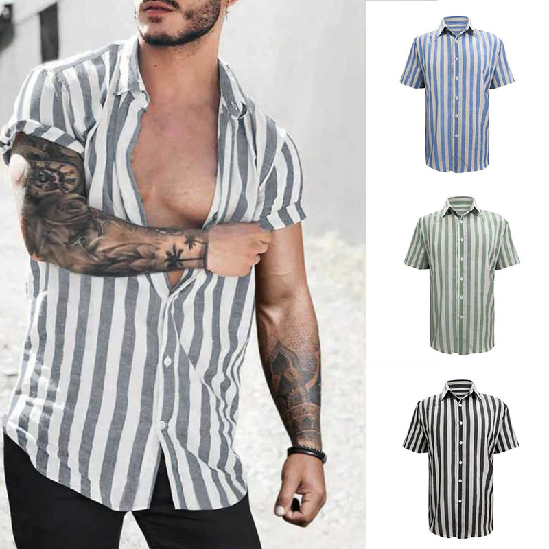 Mens Striped Short Sleeve Linen Style Shirts Casual Fit Formal Dress Top Shirt - Image 11