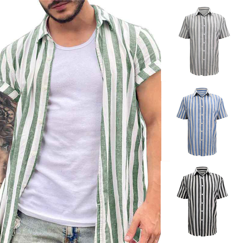Mens Striped Short Sleeve Linen Style Shirts Casual Fit Formal Dress Top Shirt - Image 15