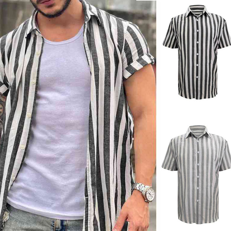 Mens Striped Short Sleeve Linen Style Shirts Casual Fit Formal Dress Top Shirt - Image 13