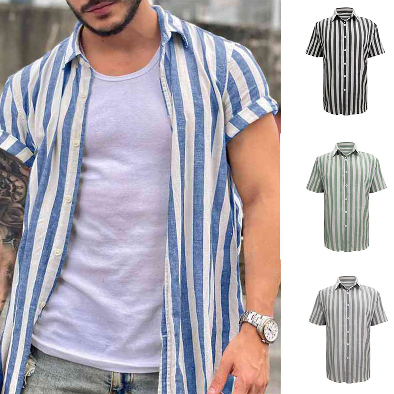 Mens Striped Short Sleeve Linen Style Shirts Casual Fit Formal Dress Top Shirt - Image 14
