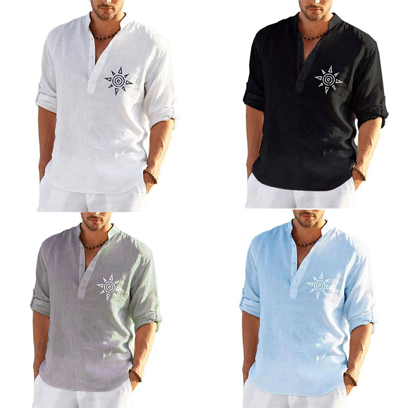 Mens Summer Short Sleeve Linen Shirts Solid Loose Casual Dress Shirt Blouse Tops - 图片 10