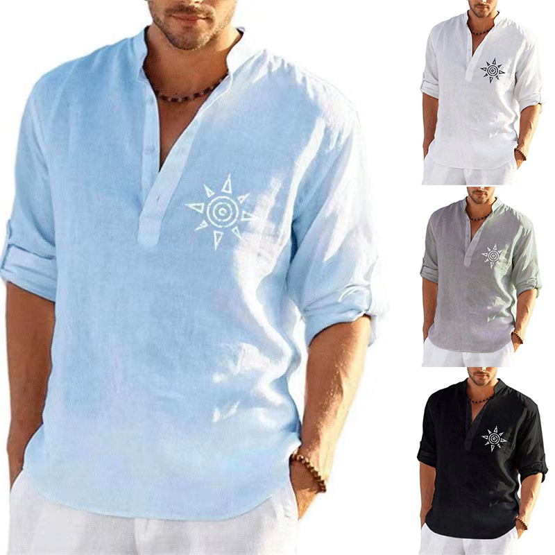 Mens Summer Short Sleeve Linen Shirts Solid Loose Casual Dress Shirt Blouse Tops - 图片 9