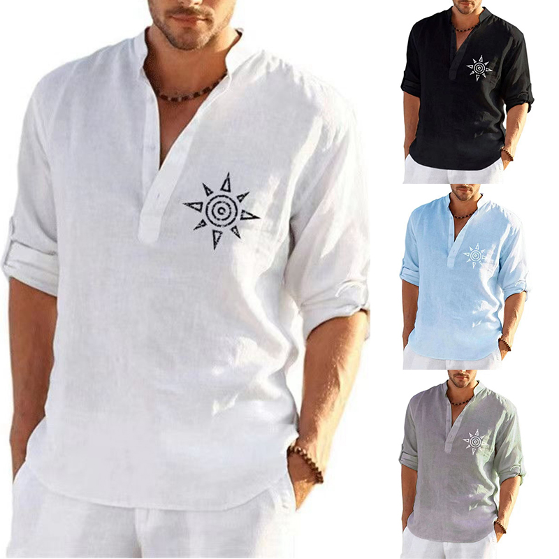 Mens Summer Short Sleeve Linen Shirts Solid Loose Casual Dress Shirt Blouse Tops - 图片 12