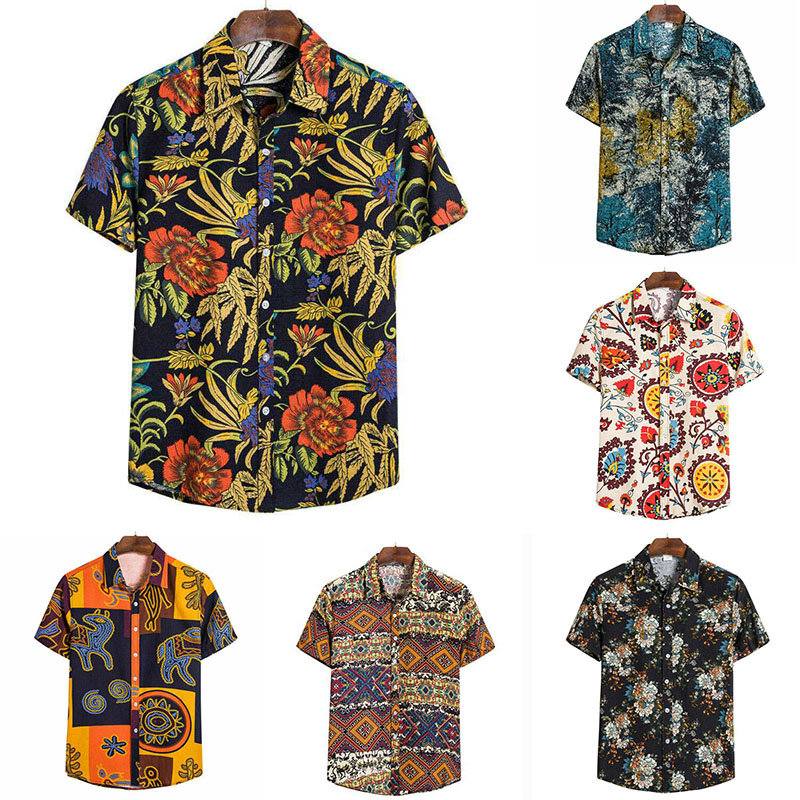 Mens Hippie Printed Button Down Shirts Short Sleeve Hawaiian Shirt Casual Tops - Image 22