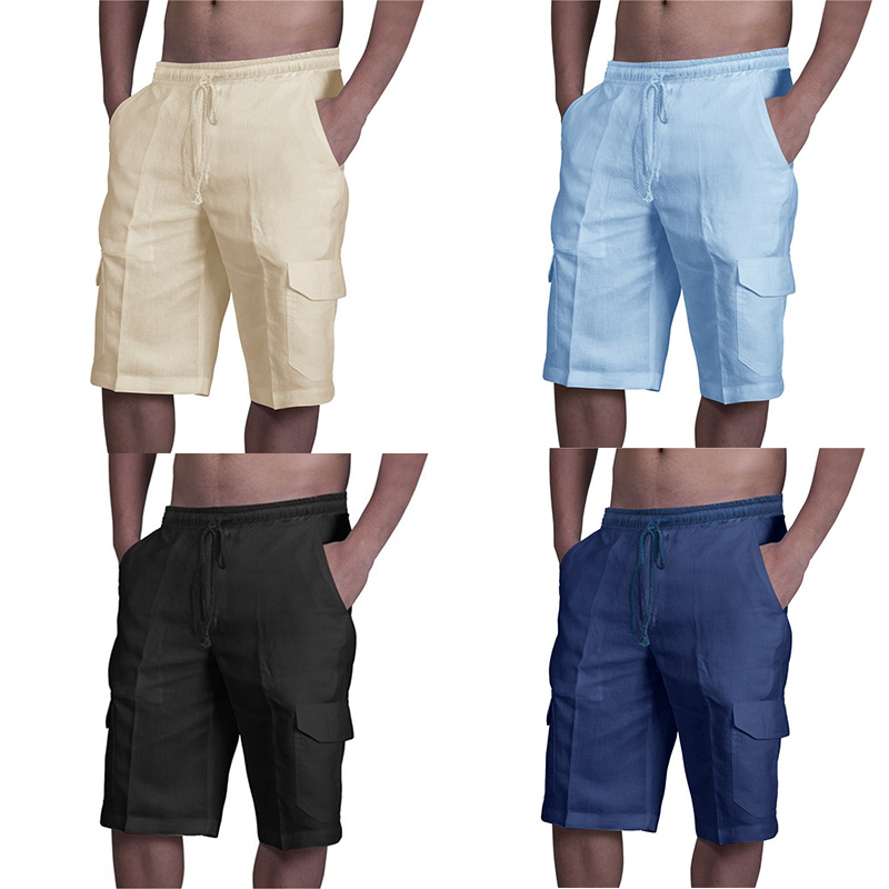 UK Mens Cotton Linen Shorts Elastic Waist Drawstring Summer Loose Casual Pants - 图片 14