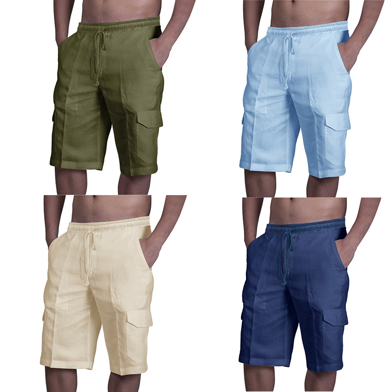 UK Mens Cotton Linen Shorts Elastic Waist Drawstring Summer Loose Casual Pants - 图片 15