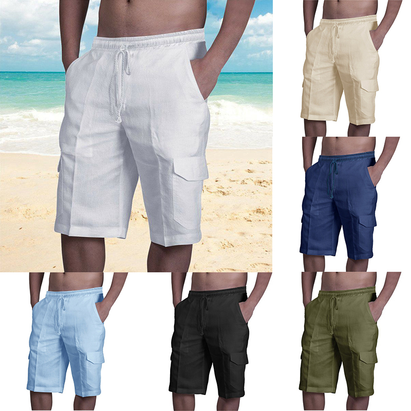 UK Mens Cotton Linen Shorts Elastic Waist Drawstring Summer Loose Casual Pants - 图片 16