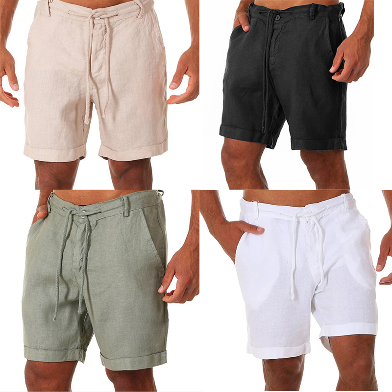 UK Mens Cotton Linen Shorts Elastic Waist Drawstring Summer Loose Casual Pants - 图片 23
