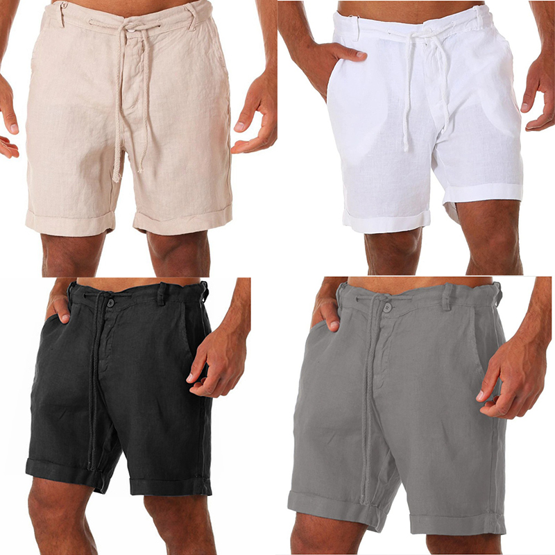 UK Mens Cotton Linen Shorts Elastic Waist Drawstring Summer Loose Casual Pants - 图片 20