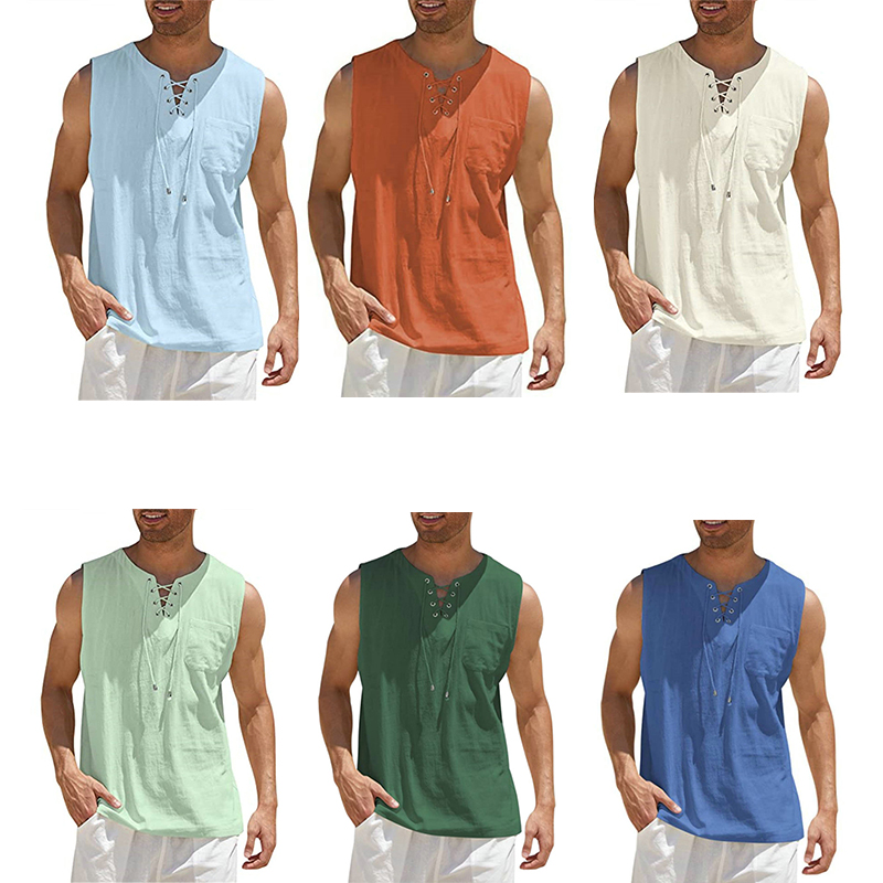 2024 Cross-Border Amazon Hot Sale New Men's Vest Shirt Lace-up Fashion Solid Color Cotton Linen Short Sleeve T-shirt - 图片 23