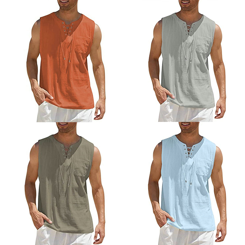 2024 Cross-Border Amazon Hot Sale New Men's Vest Shirt Lace-up Fashion Solid Color Cotton Linen Short Sleeve T-shirt - 图片 21