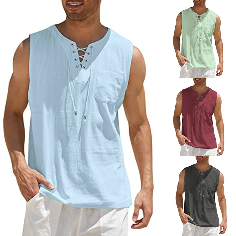 2024 Cross-Border Amazon Hot Sale New Men's Vest Shirt Lace-up Fashion Solid Color Cotton Linen Short Sleeve T-shirt - 图片 22