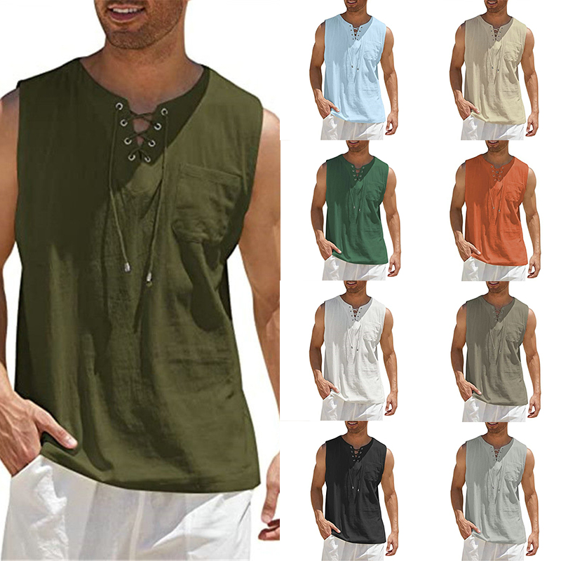 2024 Cross-Border Amazon Hot Sale New Men's Vest Shirt Lace-up Fashion Solid Color Cotton Linen Short Sleeve T-shirt - 图片 24