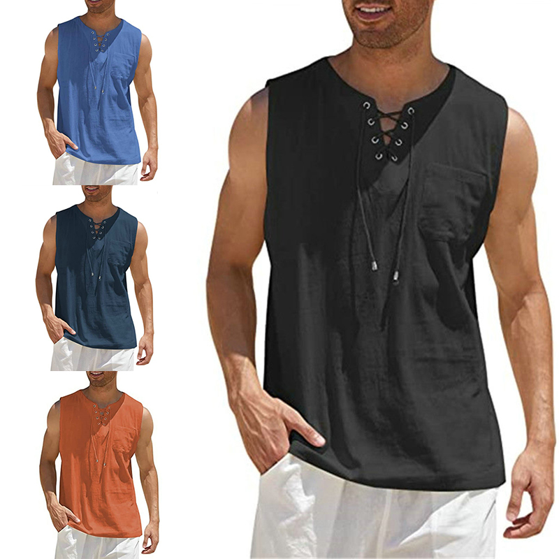 2024 Cross-Border Amazon Hot Sale New Men's Vest Shirt Lace-up Fashion Solid Color Cotton Linen Short Sleeve T-shirt - 图片 19