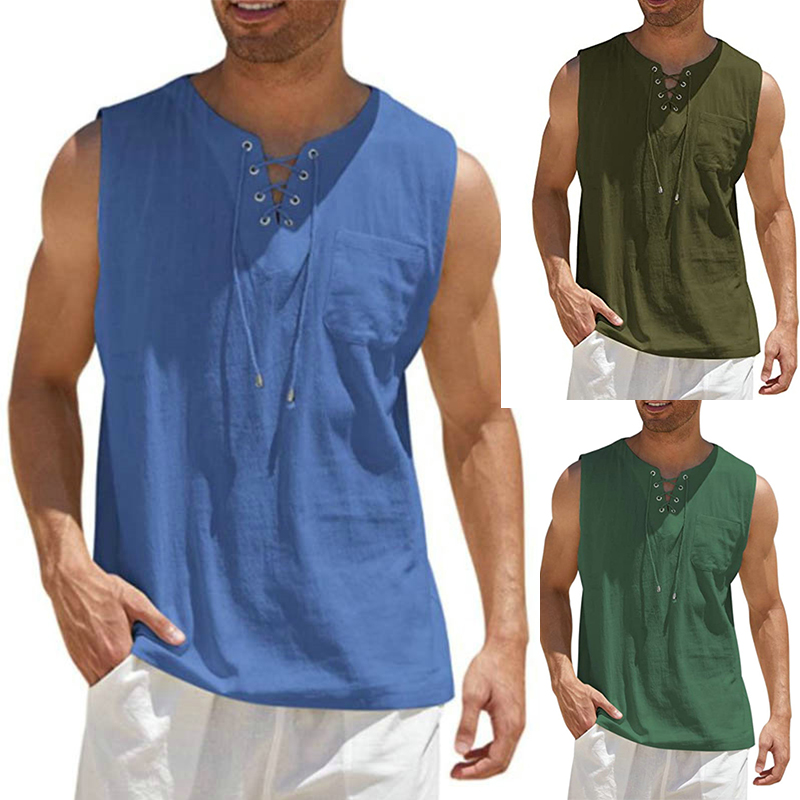 2024 Cross-Border Amazon Hot Sale New Men's Vest Shirt Lace-up Fashion Solid Color Cotton Linen Short Sleeve T-shirt - 图片 20
