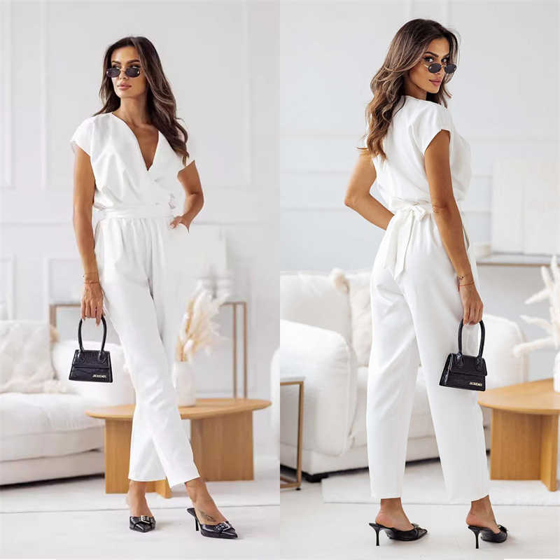 Women's Clothing Solid Color Commute V-neck Short-Sleeved Jumpsuit Elastic Waist - Image 12