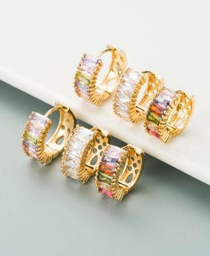 Fashion Color Zircon Earrings Female Brass 18K Gold Plating Simple Stud Earrings