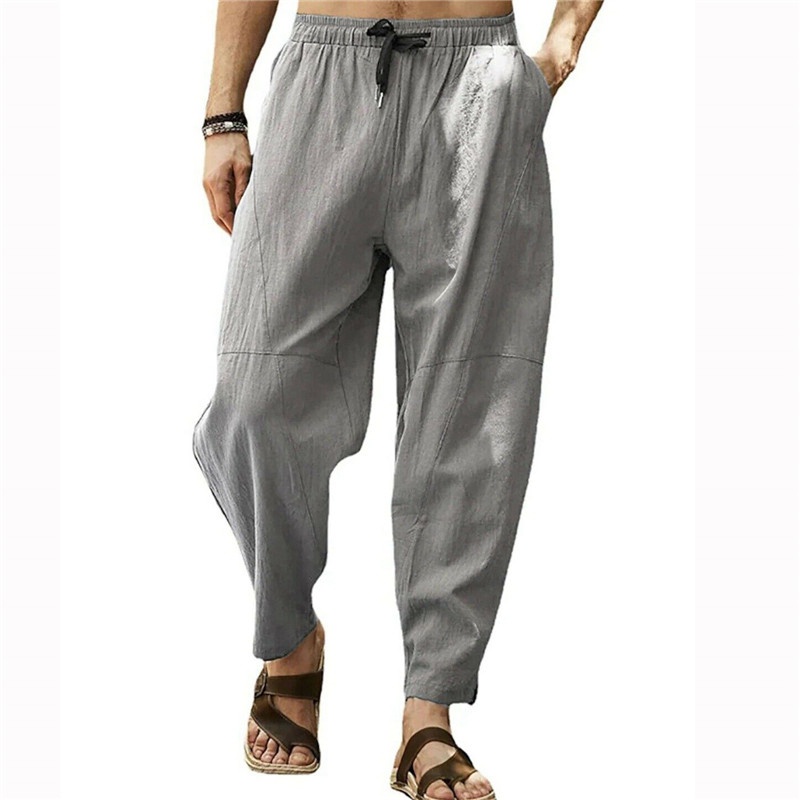 Mens Casual Cotton Linen Baggy Trousers Wide Leg Elastic Waist Loose Harem Pants - 图片 12