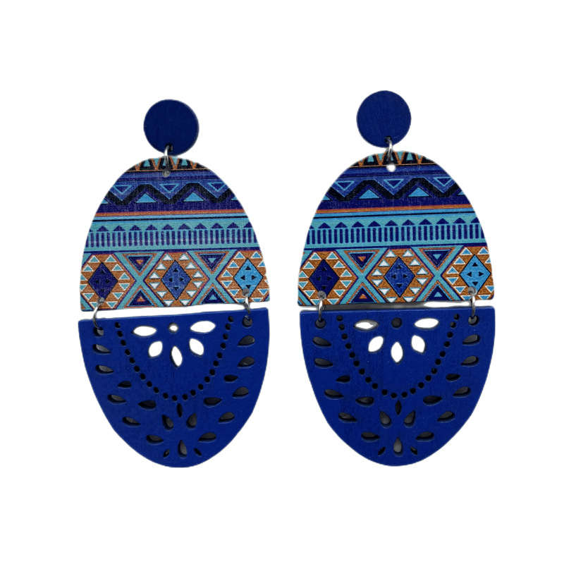 European and American Retro Wooden Dangle Earrings Printed Hollow Jewelry Earrings - 图片 15