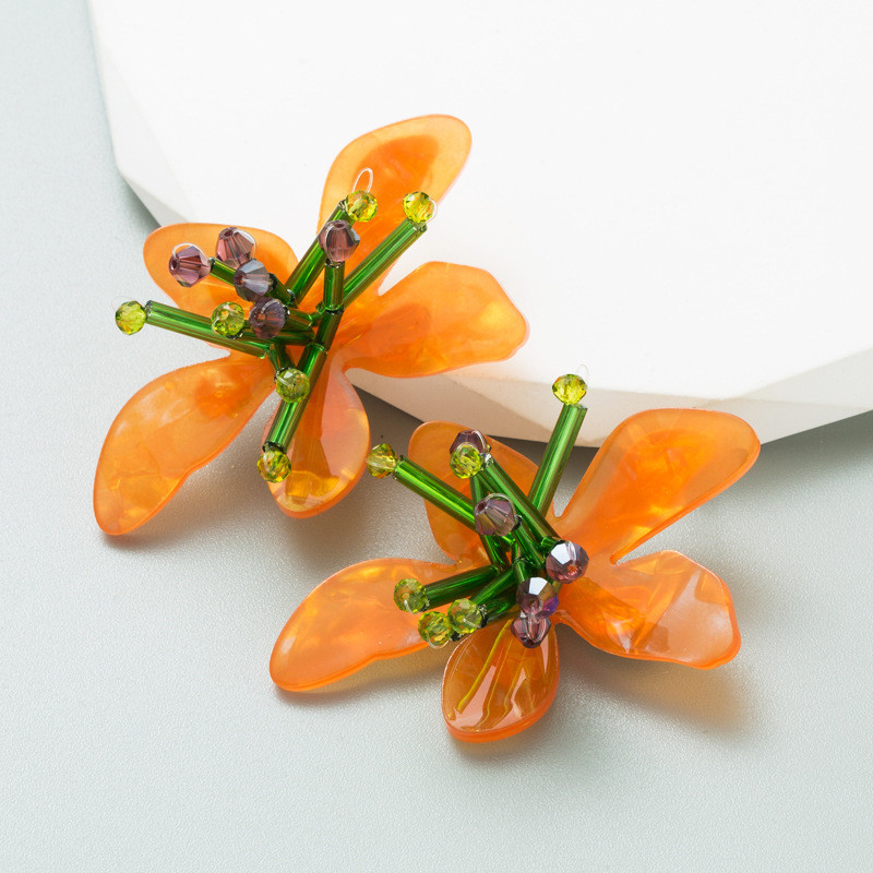 Colorful Acrylic Flower Earrings Exaggerated Hand-Woven Petal Ear Accessory - 图片 7