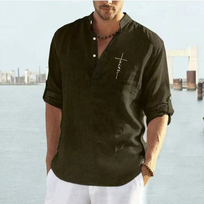 Mens Short Sleeve Linen Shirts Summer Solid Loose Casual Dress Shirt Blouse Tops - 图片 7
