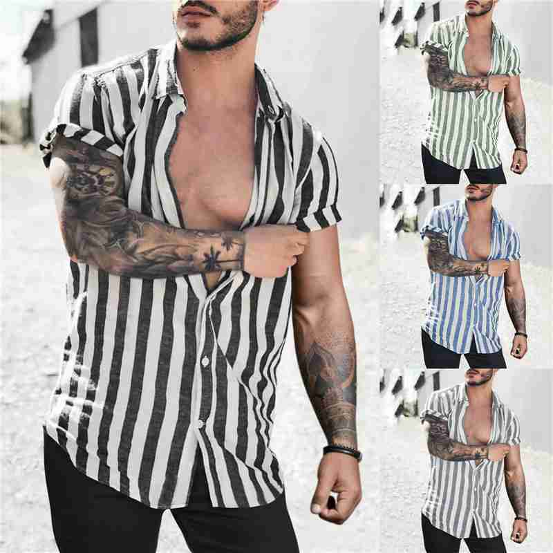 Mens Striped Short Sleeve Linen Style Shirts Casual Fit Formal Dress Top Shirt