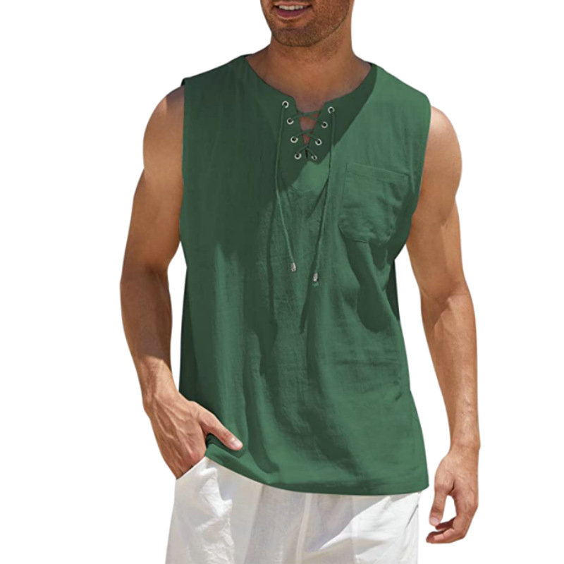 2024 Cross-Border Amazon Hot Sale New Men's Vest Shirt Lace-up Fashion Solid Color Cotton Linen Short Sleeve T-shirt - 图片 15