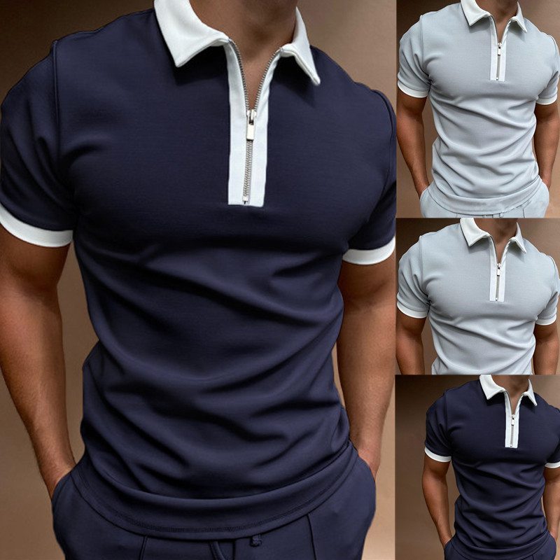 Mens Short Sleeve Shirts Casual Business Golf Zipper Slim Fit Tops T-shirt