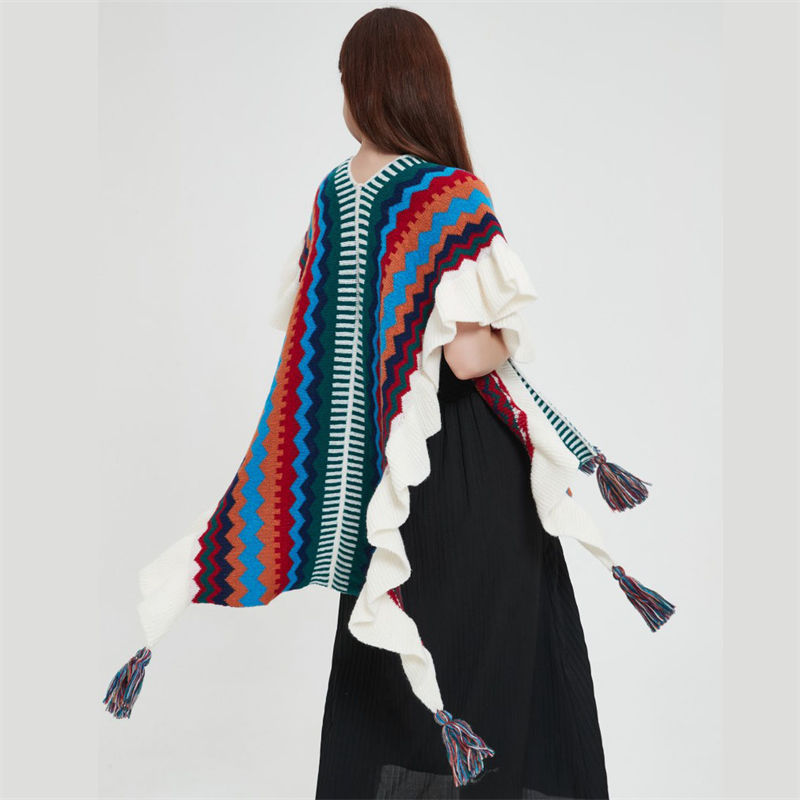 Autumn and Winter Ethnic Style Tourism Hanging Cloak Color Knitted Women's Split Shawl - Image 7