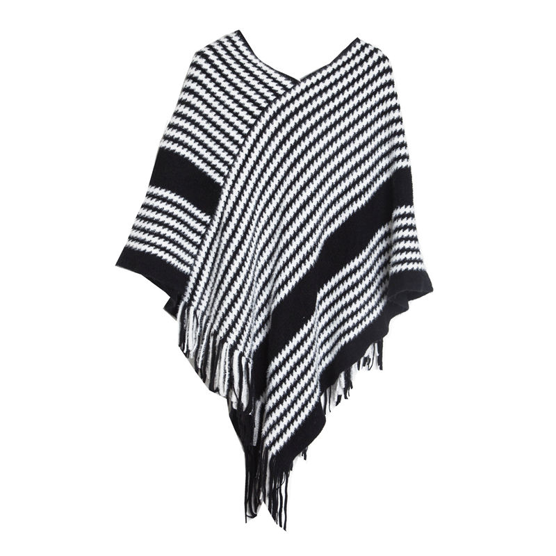 Pullover Cape Shawl Autumn Winter Bat Sweater Black Striped Knitted Shawl Keep Warm - 图片 15