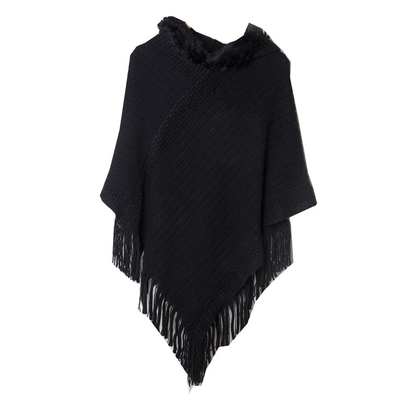 Shawl Ladies Autumn and Winter Solid Color Striped Tassel Hooded Cloak Keep Warm - 图片 15