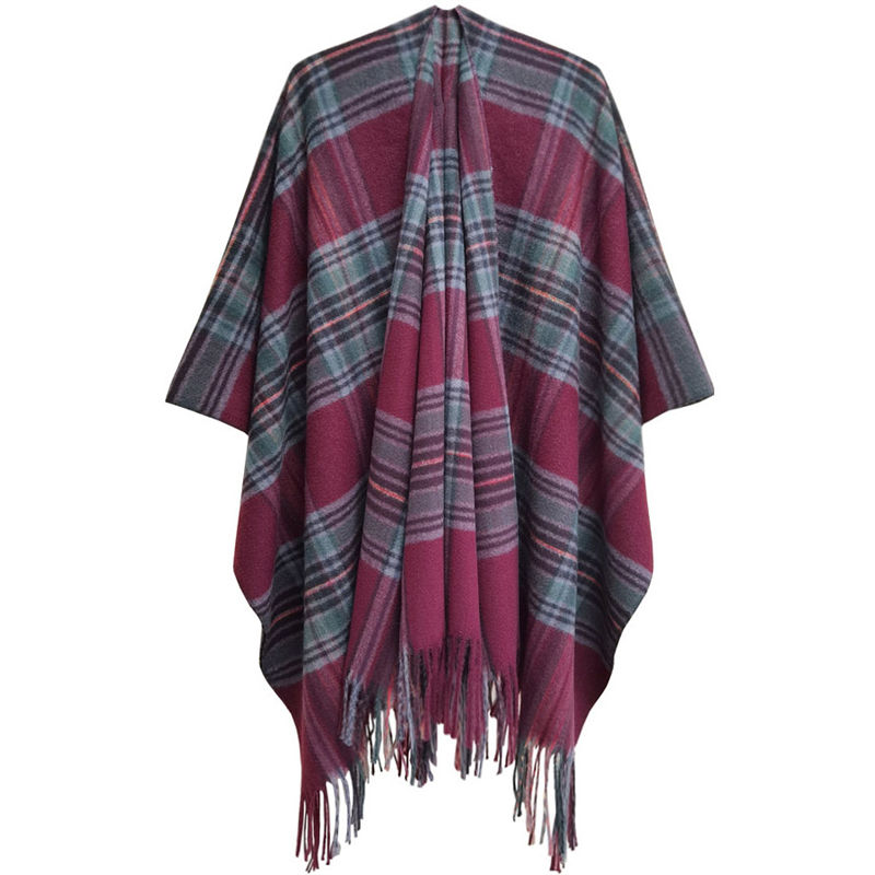 Autumn and Winter Women's Split Cloak Thickened Plaid Bristle Tassel Shawl - Image 15