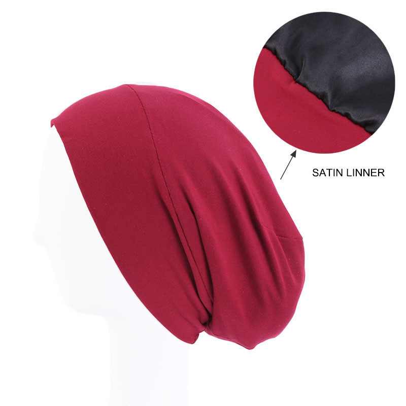 Elastic Cotton Sleeve Cap Pile Cap Satin Lining Double Layer Nightcap Shower Cap - 图片 13