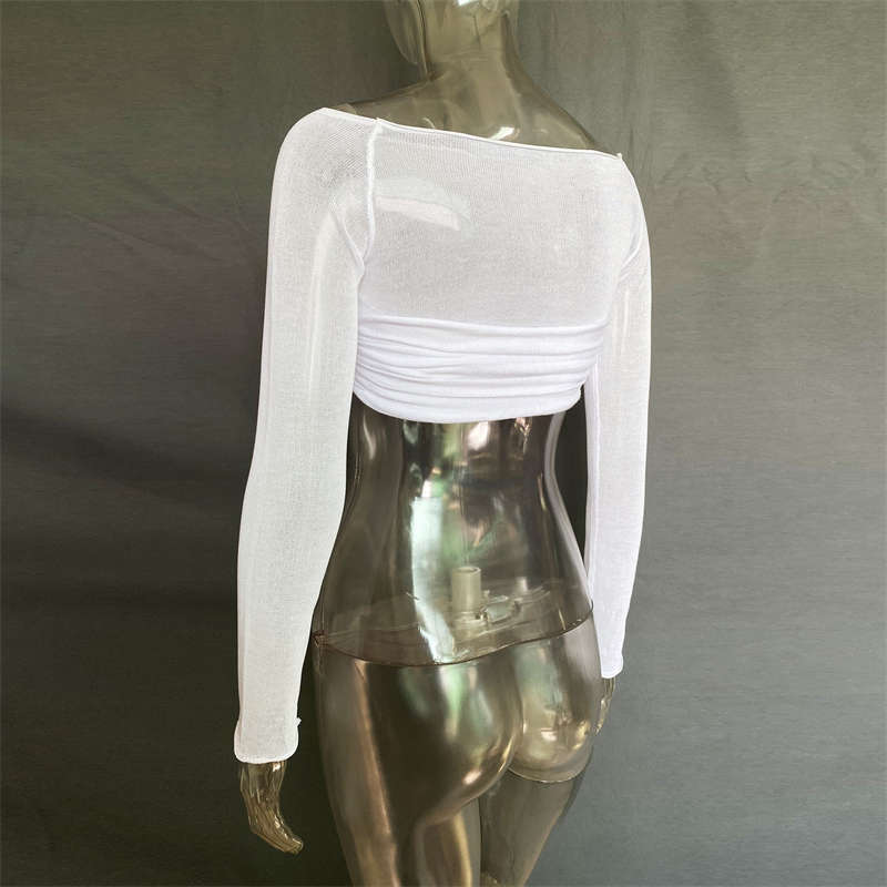 Women's Clothes Off Neck See Through Short Top Long Sleeve Sexy Top Fashion - 图片 10