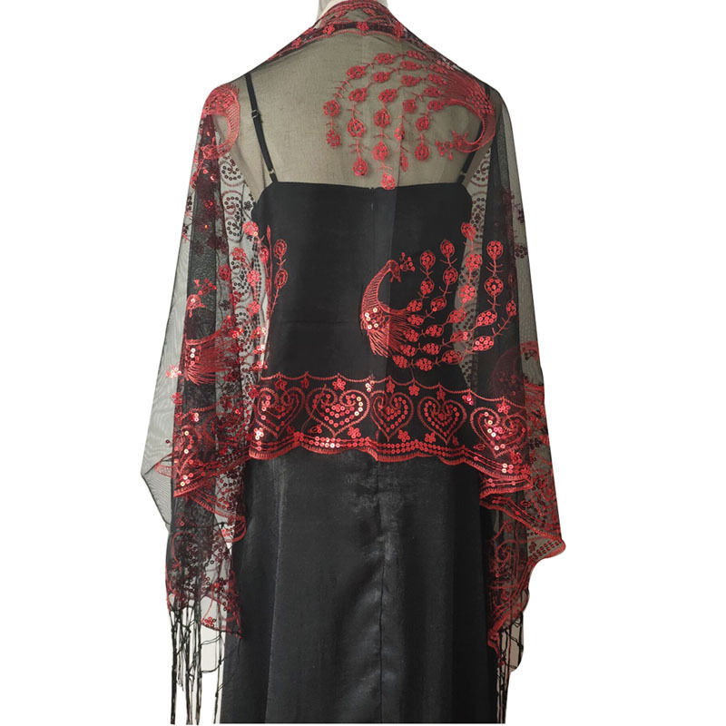 Sequined Shawl Peacock Embroidery Sequined Tassel Shawl Party Banquet Evening Gown Shawl - 图片 12
