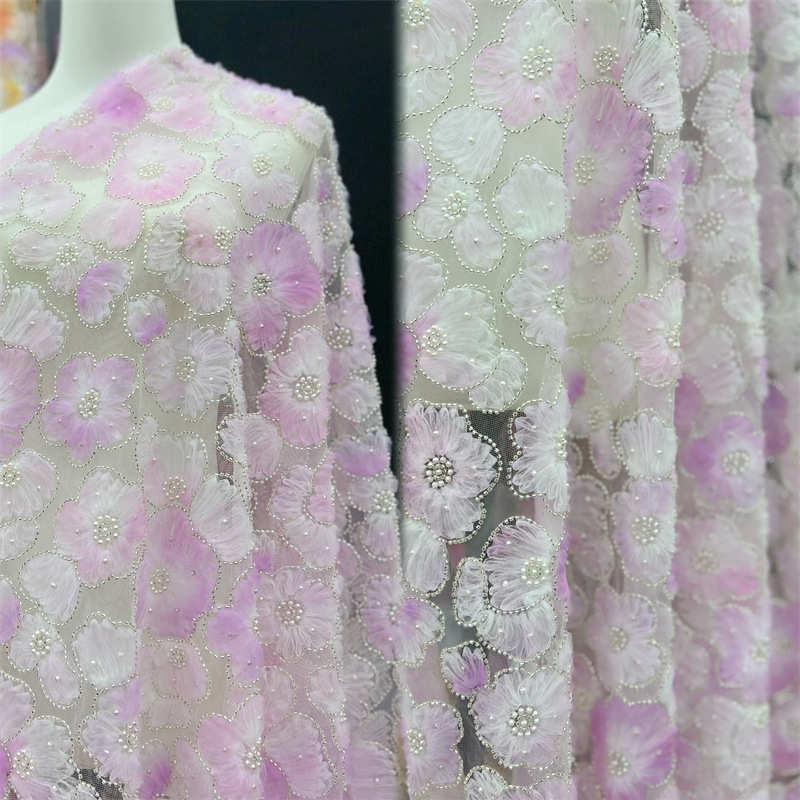 3D Flower Heavy Industry Embroidery Pearl Fabric DIY Lace Bead Mesh Fabric - 图片 10