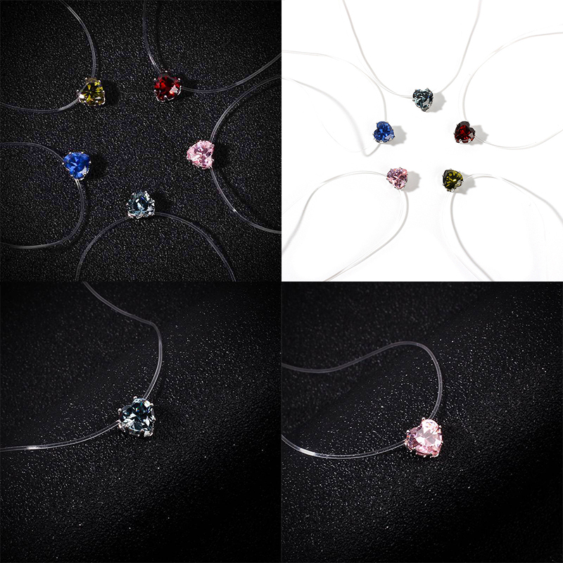 Simple Student Art Love Pendant Necklace Transparent Fish Line Color Zircon Invisible Mori Style Short Necklace - 图片 10